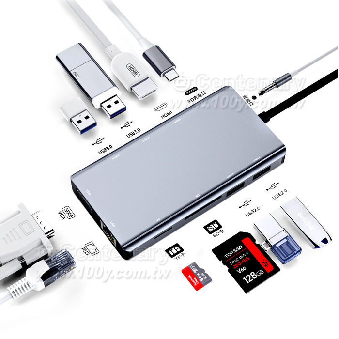 Type-C-11 All-in-one-HDMI+VGA+Card Reader+Network Card - 142899 Product Image