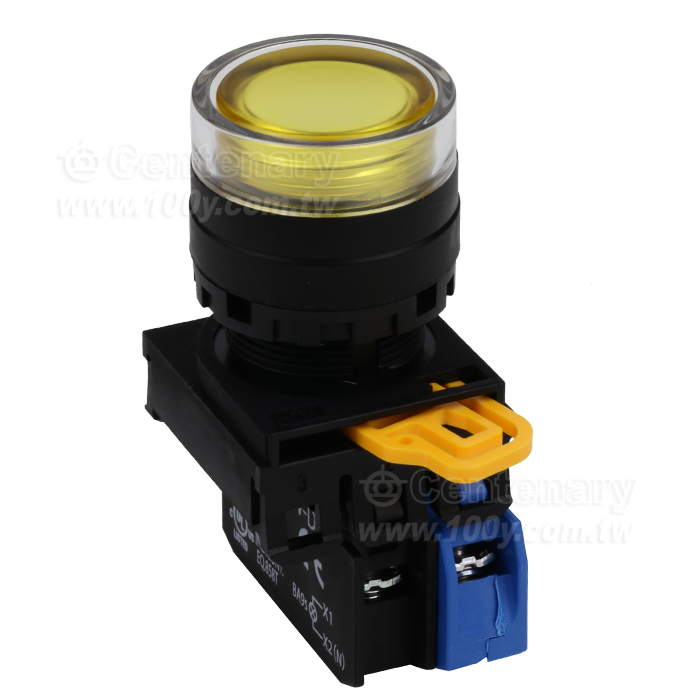 緊急停止按鈕開關22mm-全保護罩型凸頭形-LED瞬時型1NO  24VDC  黃色 - 159032 產品圖片