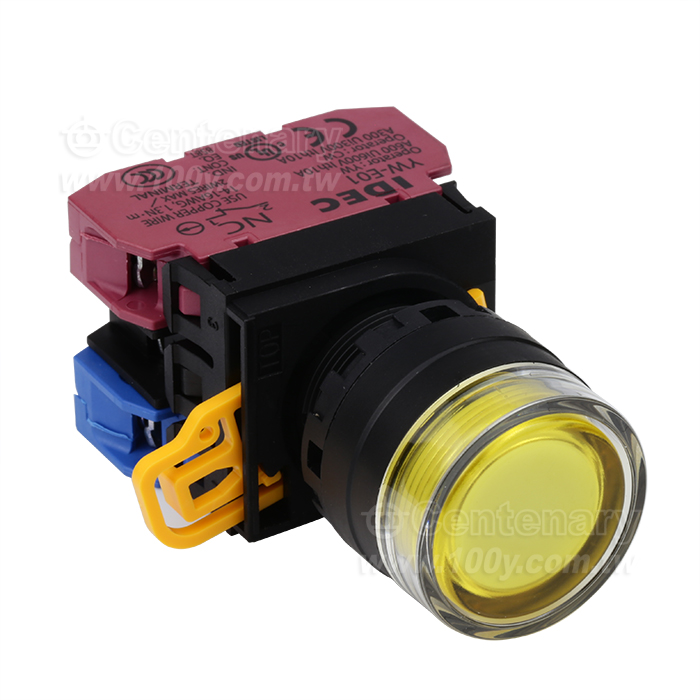 緊急停止按鈕開關22mm-全保護罩型凸頭形-LED瞬時型1NO-1NC 24VDC黃色 - 159036 產品圖片