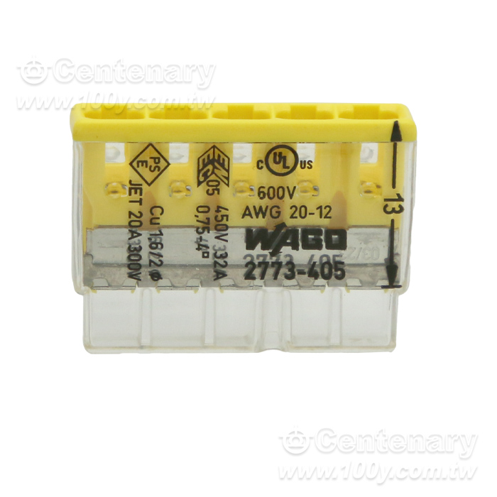 WAGO PUSH WIRER Wire connectors; Suitable for single and multi-strand wires; max. 4 mm2;  5 lines; Transparent shell; Yellow cover - 163025 Product Image