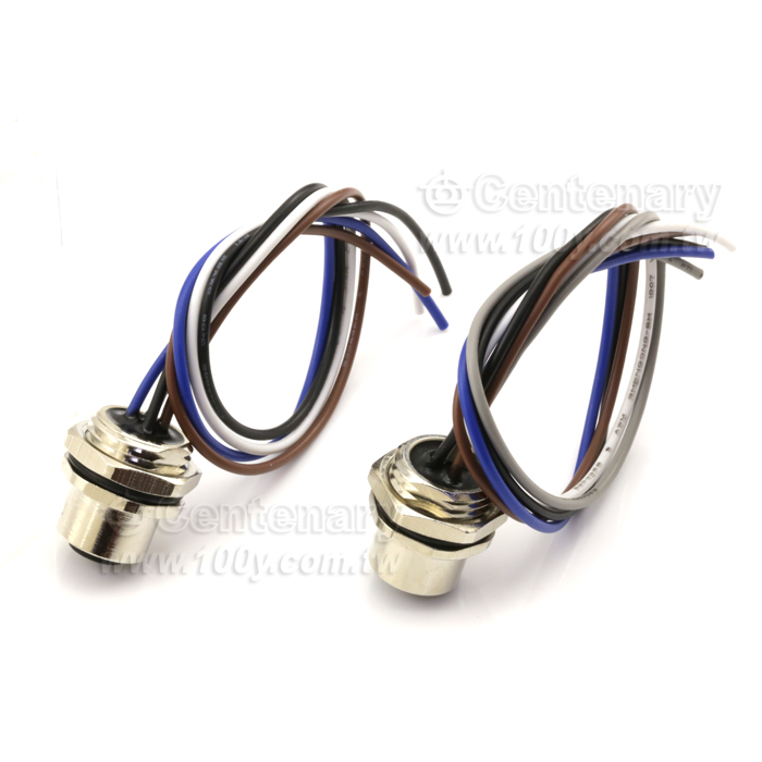 M12 Male Panel Mount Connector, Female, Back-Mounted, With Single Wire - 122079 Product Image