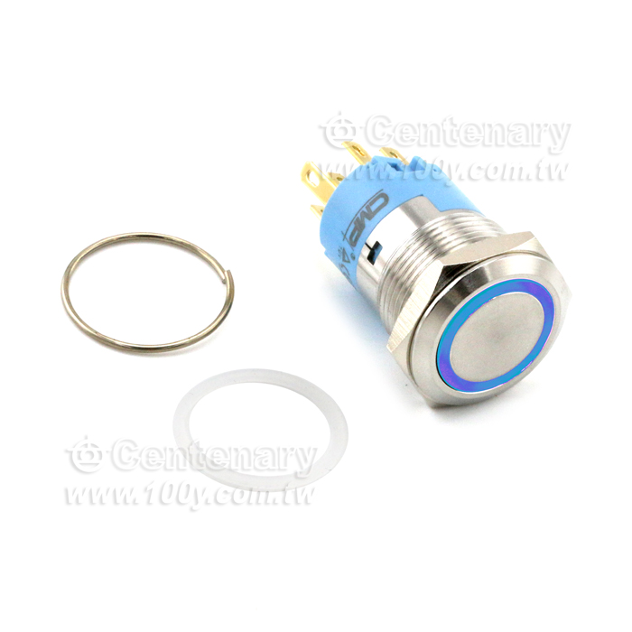 19mm不銹鋼自鎖環形帶燈按鈕 12V 藍色 - 133918 產品圖片