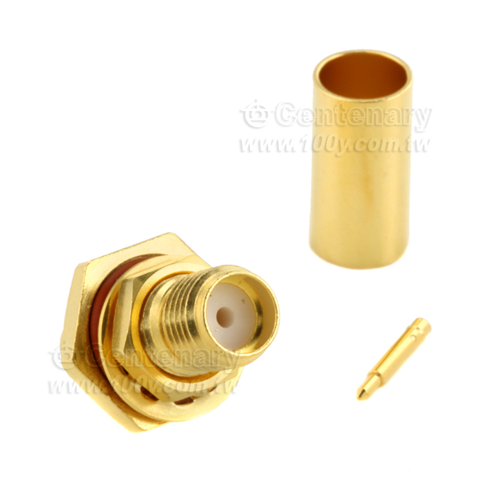 SMA Reverse Polarity Jack Crimp Bulkhead, IP67 Mated, For RG142,RG400; 6Ghz VSWR 1.2 - 146977 Product Image