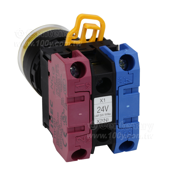 緊急停止按鈕開關22mm-全保護罩型凸頭形-LED瞬時型1NO-1NC 24VDC黃色 - 159036 產品圖片
