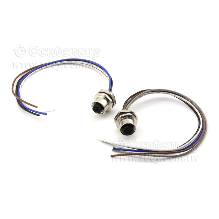 M12 Male Panel Mount Connector, Female, Back-Mounted, With Single Wire - 122079 Product Image