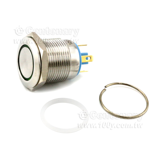 19mm不銹鋼自復環形帶燈按鈕 12V 綠色 - 133906 產品圖片