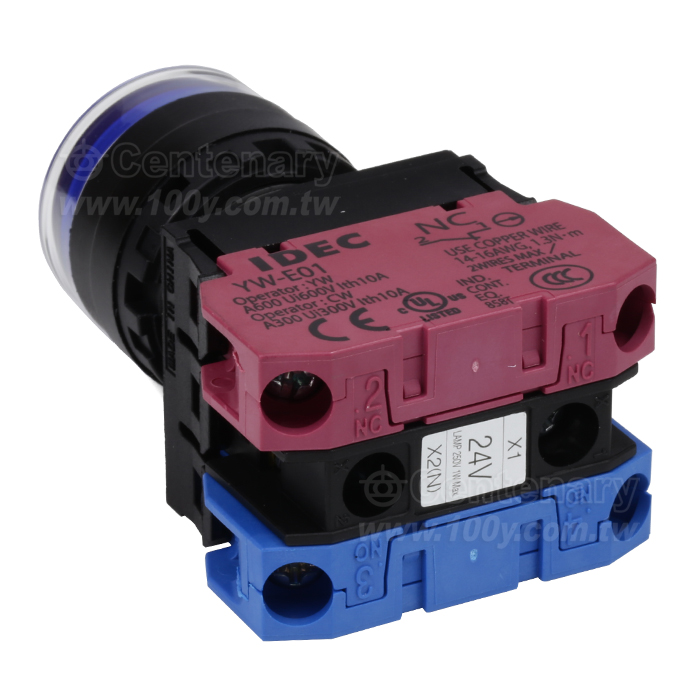 緊急停止按鈕開關22mm-全保護罩型凸頭形-LED瞬時型1NO-1NC 24VDC藍色 - 159038 產品圖片