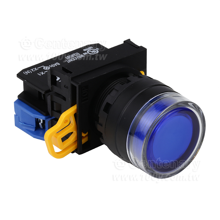 緊急停止按鈕開關22mm-全保護罩型凸頭形-LED瞬時型1NO  24VDC  藍色 - 159034 產品圖片
