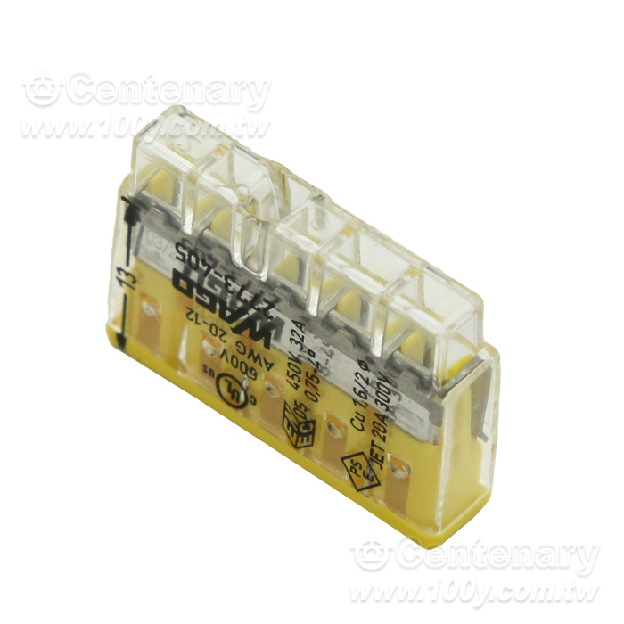 WAGO PUSH WIRER Wire connectors; Suitable for single and multi-strand wires; max. 4 mm2;  5 lines; Transparent shell; Yellow cover - 163025 Product Image