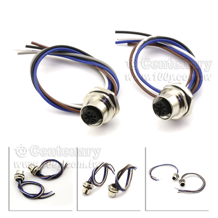 M12 Male Panel Mount Connector, Female, Back-Mounted, With Single Wire - 122079 Product Image