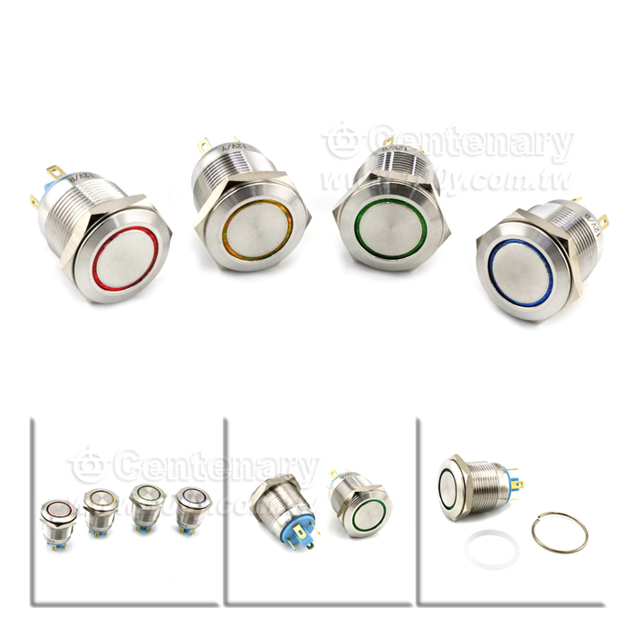 19mm不銹鋼自復環形帶燈按鈕 12V 綠色 - 133906 產品圖片