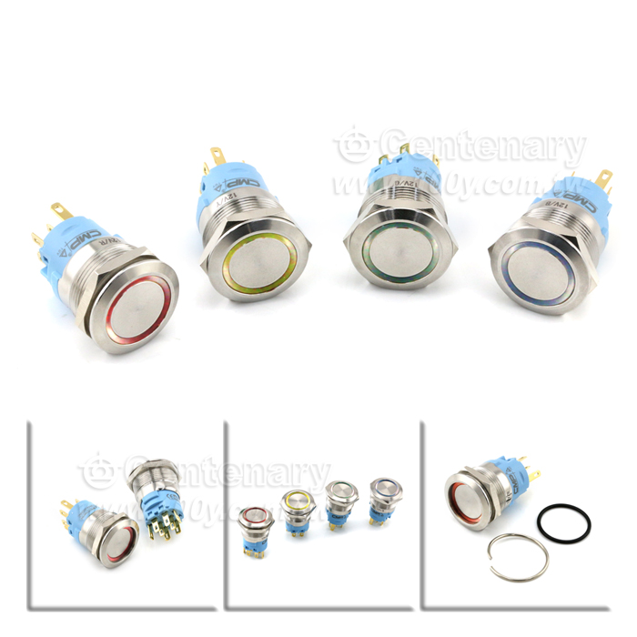 22mm不銹鋼環形自鎖帶燈按鈕 LED12V 藍色 - 133922 產品圖片