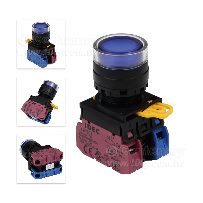 緊急停止按鈕開關22mm-全保護罩型凸頭形-LED瞬時型1NO-1NC 24VDC藍色 - 159038 產品圖片