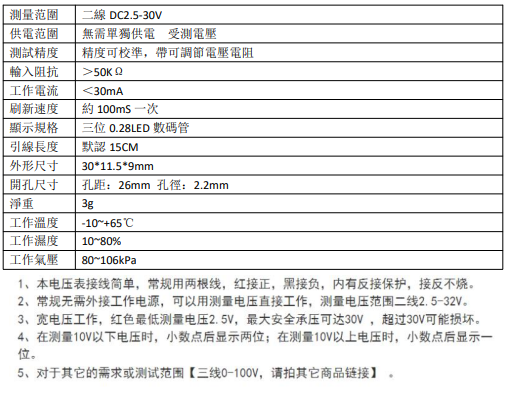 0.28英寸電壓表-綠光-規格說明-1